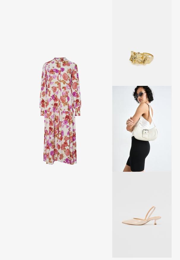 Cvetna obleka z naravnano ozadje v krem barvi, okrašena s svetlo roza, rdečimi in rjavimi vrtnicami, dolgimi rokavi, ovratnikom in naborkom na krilu.; Bež čevlji na peto iz patentiranega usnja, s koničastim nosom in ozko kvadratno peto. Gladka tekstura in minimalističen dizajn brez okrasja.; Bela usnjena torbica s ukrivljeno obliko, nastavljivim trakom in majhnim detajlom s sponko. Model nosi oprijet črno obleko.; Zlati prstan z teksturiranim, valovitim dizajnom, ki ima tri izrazite vrhove. Gladka, sijoča površina z odprtim pasom za prilagodljivo prileganje.