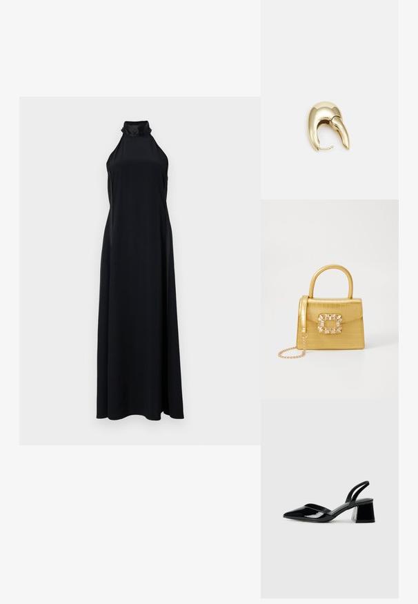 Svart halterneck maxikjole med en slank, flytende silhuett. Laget av glatt stoff, med høy krage og splitte på sidene.; Svarte patentlær slingback hæler med spiss tå og geometrisk blokk hæl. Har et stilrent, minimalistisk design og jevn tekstur.; Gul faux-krokodille veske med en strukturert design, toppen håndtak, avtagbar kjede stropp, og dekorativ krystallbortsettelse på låsen.; Gullfarget metalløredobber med et elegant, buet design. Har en karakteristisk spiss form, polert overflate og hengsel-lukking.