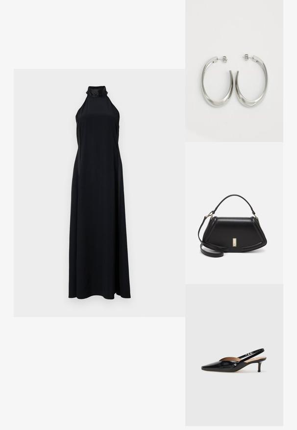 Juodas maxi suknelė su halter kaklu, pasižyminti elegantiška, laisvai krentančia siluetu. Pagaminta iš sklandaus audinio, turi aukštą apykaklę ir šonines plyšius.; Juodas patentuotas odinis slingback batelis su smailiu nosimi, mažu kulniuku ir išpjovimais ant priekinės dalies. Auksinės spalvos detalės ant šono.; Juoda odinė rankinė su struktūrizuotu dizainu, turi trumpą formą, viršutinę rankeną ir auksinius akcentus. Pridėtas reguliuojamas peties diržas.; Sidabriniai apvalūs auskarai su lygiu, išlenktu dizainu. Yra blizgus metalinis paviršius ir smeigtukų uždarymas. Nėra matomų raštų ar akcentų.
