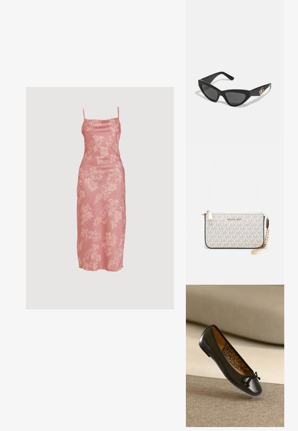 WAL G. CARA MIDI - Koktélruha / Partiruha - blush pink; Fekete bőr balettcipő kerek orral és szövet masnival, leopárdmintás belsővel. Simább felület és karcsú kialakítás.; Macska szemformájú napszemüveg matt fekete műanyag kerettel, sötét lencsékkel és arany logóval a szárán. Szögletes kialakítás és sima felület.; Michael Kors bézs bevonatos vászon karkötő, amely ismétlődő MK logó mintával, aranyszínű fémrészletekkel és levehető lánchordóval rendelkezik.