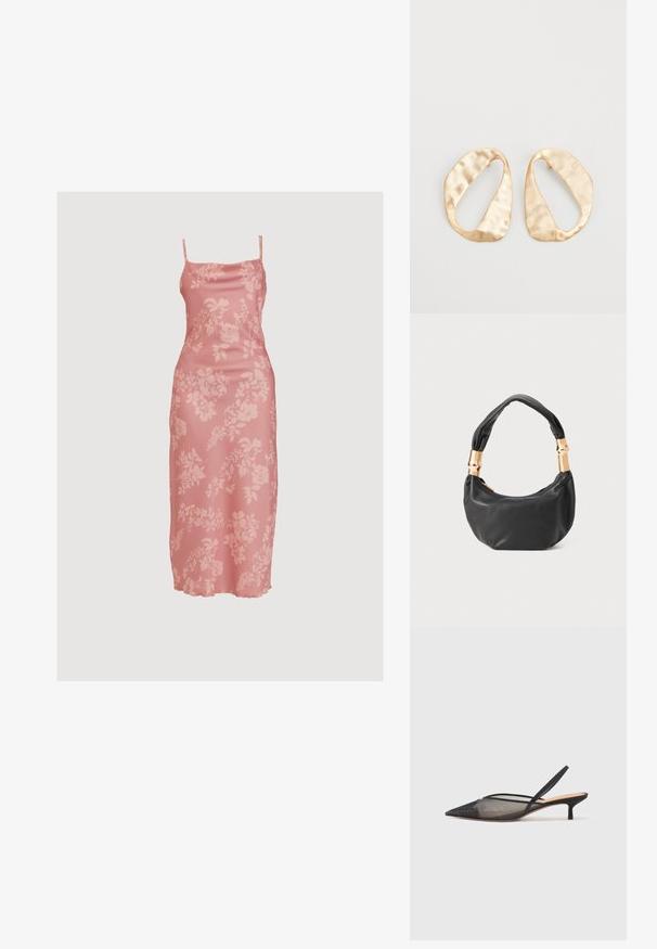 WAL G. CARA MIDI - Koktélruha / Partiruha - blush pink; NEOUS IRENA - Klasszikus sarkú cipők - black; Fekete bőr kézitáska kerek formával, puha textúrával és csomózott fogantyúval, aranyszínű fém díszítéssel. Cipzáras záródás.; Egy pár szabálytalan, ovális formájú, aranyszínű fém fülbevaló, enyhén kalapált felülettel, fehér háttéren.