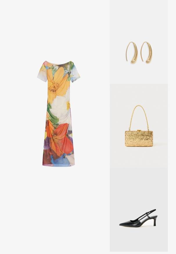 Virágmintás ruha rövid ujjakkal, széles nyakkivágással és lebegő sziluettel. Könnyű anyagból készült, élénk színmintákkal.; Fekete lakk slingback sarok, hegyes orral, texturált kígyómintával, állítható pánttal és rövid, texturált tömbsarkal.; Arany flitteres clutch táska, téglalap alakú, csavart lánckarabinerekkel és fém záródással, mely fényt tükröz a textúrált felületének köszönhetően.; Aranyszínű fémből készült karika fülbevalók ívelt, hosszúkás formával. Simaságával és fényes felületével, valamint lekerekített végével további részletekkel bővül.