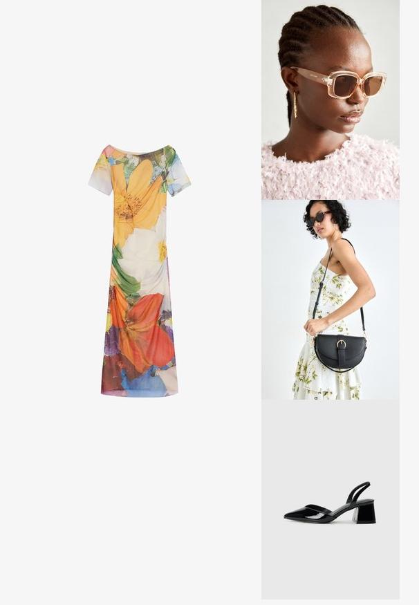 Blumendruckkleid mit kurzen Ärmeln, weitem Ausschnitt und fließender Silhouette. Hergestellt aus leichtem Stoff mit lebendigen Farbmuster.; Schwarze Lackleder-Slingback-High Heels mit spitzem Schuh und einem geometrischen Blockabsatz. Verfügt über ein schlankes, minimalistisches Design und eine glatte Textur.; Beige übergroße Sonnenbrille mit klarem Rahmen und braun getönten Gläsern, die subtile florale Akzente und ein mutiges, geometrisches Design aufweist.; Schwarze Lederhandtasche mit geschwungener Form, abnehmbarem Tragegurt und goldenen Beschlägen. Die Tasche verfügt über einen Deckel mit einer Schnallen-Details.