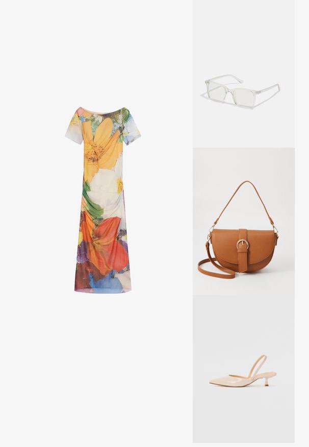 Blumendruckkleid mit kurzen Ärmeln, weitem Ausschnitt und fließender Silhouette. Hergestellt aus leichtem Stoff mit lebendigen Farbmuster.; Beige Lackleder Slingback-Pumps mit spitzem Vorderteil und einem schlanken, quadratischen Absatz. Glatte Textur und minimalistisches Design ohne Verzierungen.; Klare, quadratische Kunststoffbrillen mit durchsichtigen Gläsern, die goldene Akzente an den Bügeln für zusätzliche Details aufweisen.; Braune Leder-Crossbody-Tasche mit geschwungener Form, goldfarbenen Beschlägen und einer Schnallenakzentuierung. Verfügt über einen abnehmbaren Schultergurt.