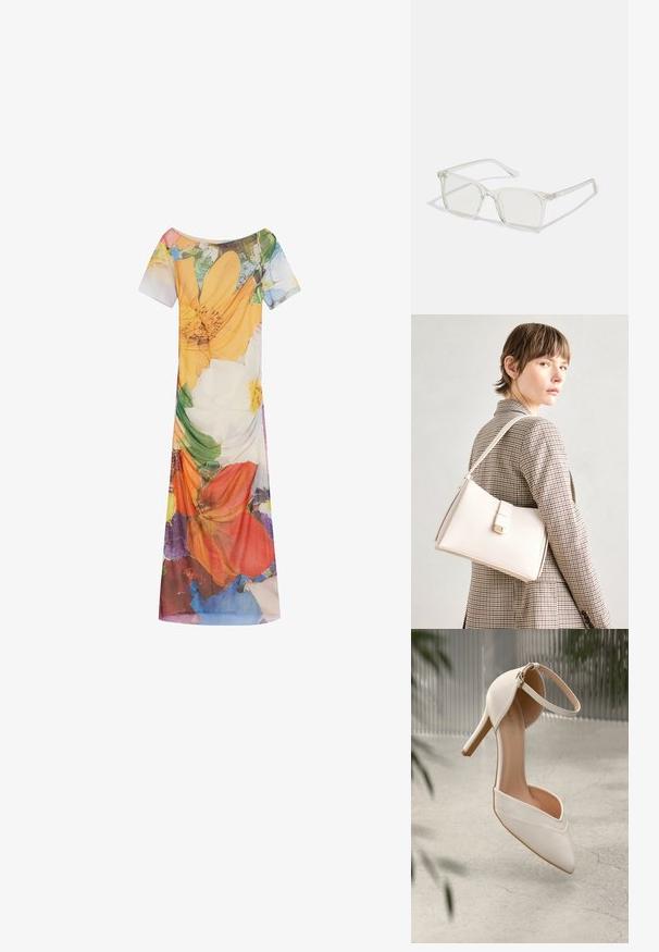 Blommig klänning med korta ärmar, bred halsringning och en flödande siluett. Tillverkad av lätt tyg med livfulla färgmönster.; Vit högklackad sko i glatt material med spetstopp och ankelsnodd. Har en ljusbrun inredning och guldfärgad detaljer.; Klart plastfyrkantiga glasögon med genomskinliga linser, med guldfärgade detaljer på bågarna för extra stil.; Vit läderhandväska med en strukturerad design, med en magnetknäppning och en axelrem, visad mot en neutral bakgrund.