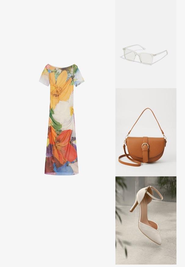 Gėlių raštų suknelė su trumpomis rankovėmis, plačiu iškirpimu ir laisvu siluetu. Pagaminta iš lengvos medžiagos su ryškiomis spalvų kombinacijomis.; Balti aukštakulniai bateliai iš lygios medžiagos su smailiu pirštu ir kulkšnies dirželiu. Yra šviesiai rudos spalvos vidus ir auksinės spalvos detalės.; Permat nuleidžiai skaidrūs kvadrato formos akinius su permatomais lęšiais, kurie turi auksines detales ant šventyklų.; Ruda odinė kryžminė rankinė, turinti kreivą formą, auksinius metalinius elementus ir sagtį. Yra nuimama petneša.