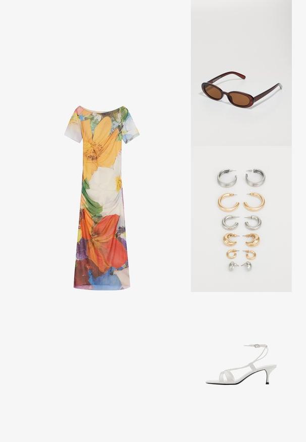 Blumendruckkleid mit kurzen Ärmeln, weitem Ausschnitt und fließender Silhouette. Hergestellt aus leichtem Stoff mit lebendigen Farbmuster.; Weiße High-Heels-Sandalen mit dünnem Knöchelriemen, offener Zehenpartie und mehreren überkreuzten Riemen. Glänzende Oberfläche und schlanker schwarzer Absatz.; Runde, braun getönte Sonnenbrillen mit einem glänzenden burgunderfarbenen Rahmen. Schlanke Bügel mit dezentem Branding. Flaches Linsendesign.; Set mit acht metallischen Ohrringen in Silber- und Goldtönen. Enthält verschiedene Hoops-Stile, Texturen und Oberflächen, sortiert nach Größe.