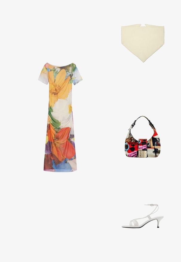 Abito a stampa floreale con maniche corte, scollatura ampia e silhouette fluida. Realizzato in tessuto leggero con un vivace pattern di colori.; Sandali bianchi con tacco alto, ampia fascia alla caviglia, open toe e molteplici cinturini incrociati. Finitura lucida e sottile suola nera.; Bandana triangolare di colore crema realizzata in tessuto morbido, con una superficie liscia e due estremità a punta.; Borsa hobo realizzata in tessuto stampato con colori rosso, nero e bianco. Caratterizzata da una forma curva, una larga tracolla e un dettaglio centrale con fibbia.