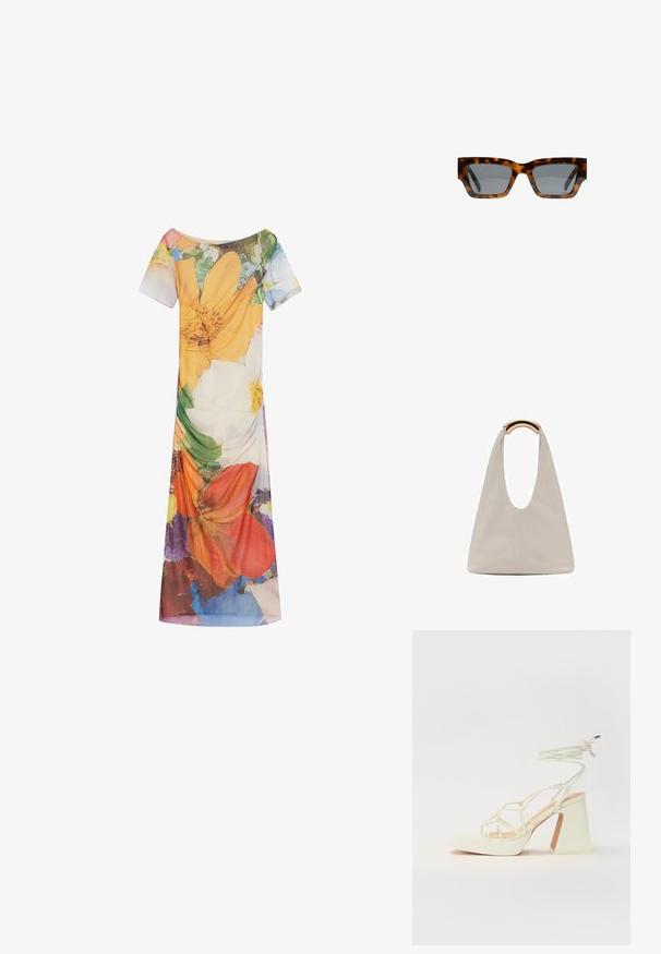 Bloemdruk jurk met korte mouwen, een brede halslijn en een vloeiende silhouet. Gemaakt van lichtgewicht stof met levendige kleurpatronen.; Witte hoge hakken sandaal met een chunky hak, met een bandjesontwerp en enkelband. Gladde textuur met een plateau voor extra hoogte.; Schildpad zonnebrillen met hoekige monturen, grijze lenzen en een gladde afwerking. Kenmerkt zich door een gedurfde geometrische vormgeving en dikke pootjes.; Lichtgrijze leren tas met een U-vormig ontwerp en een gebogen metalen handvat. Glad oppervlak met minimale stiksels en geen zichtbare patronen.