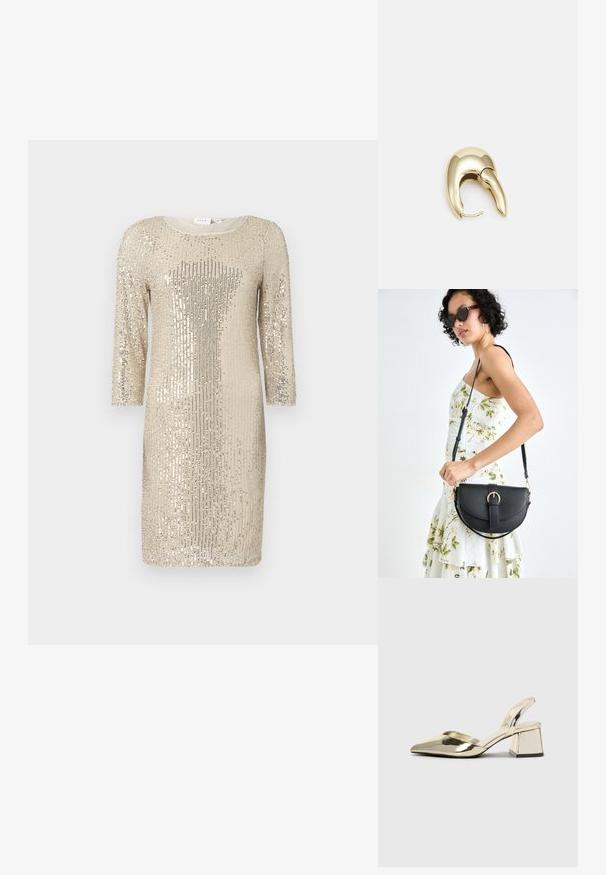 Paillettkjole i lys gull med lange ermer, rund hals og en tettsittende silhuett. Har en glitrende tekstur og vertikalt mønster.; Gull, metallisk slingback-hæler med spiss tå og chunky hæl. Glatt tekstur, minimalistisk design og en smal stropp.; Svart lærveske med en buet form, avtagbar stropp og gullbeslag. Vesken har et klaff med spenne-detall.; Gullfarget metalløredobber med et elegant, buet design. Har en karakteristisk spiss form, polert overflate og hengsel-lukking.