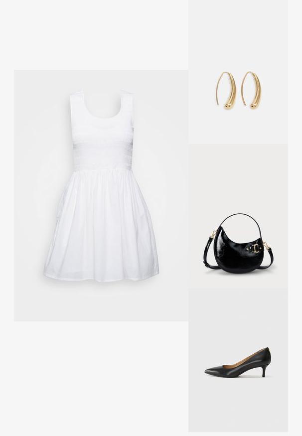 Hvit bomullskjole med en tettsittende, strukturert overdel og en utskjært skjørt. Har brede skulderstropper og en rund halsutskjæring.; Sorte lærpumpe med spiss tå, lav hæl og en glatt tekstur. Har en liten åpning foran og minimalt med beslag bak.; Svart patentlærveske med buet form, justerbar stropp og detalj i gulltone på siden. Glatt, blank tekstur.; Gullfargede metalløredobber med en buet, forlenget form. Har en jevn, blank overflate og en avrundet tupp for ekstra detaljer.