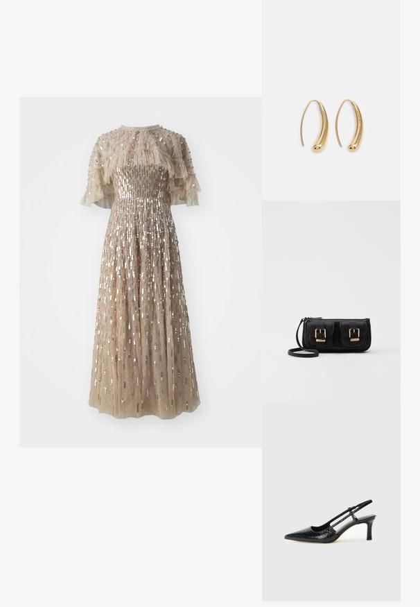 En midi kjole i lys beige med et tætsiddende liv, der har rynkede gennemsigtige ærmer og en fyldig nederdel pyntet med metalliske palietter.; Sorte patent slingback hæl med spids tå, prydet med tekstureret slangeskindsmønster, justerbar rem og en kort, tekstureret blokhæl.; Sort læder crossbody taske med to frontlommer, guldspænder, lynlåslukning og en slank rem. Struktureret overflade og kompakt rektangulær form.; Guldfarvede metal hoops øreringe med en bøjet, forlænget form. Har en glat, skinnende overflade og en afrundet spids for ekstra detalje.
