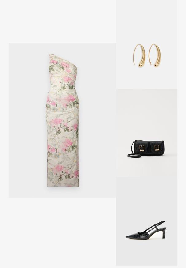 Eén-schouder bloemenjurk van crèmekleurige stof met roze rozen en groene bladeren. Vlotte textuur met een aansluitende silhouet en gedrapeerd detail.; Zwart patent slingback hak met een spitse neus, voorzien van een gestructureerde slangenprint, verstelbare band en een korte, gestructureerde blokhak.; Zwarte leren schoudertas met twee vo pockets, gouden gespen, ritsluiting en een smalle band. Tekstuur oppervlak en compacte rechthoekige vorm.; Gouden metalen oorbellen in de vorm van een gebogen, verlengde hoop. Kenmerkend zijn het gladde, glanzende oppervlak en de afgeronde punt voor extra detail.