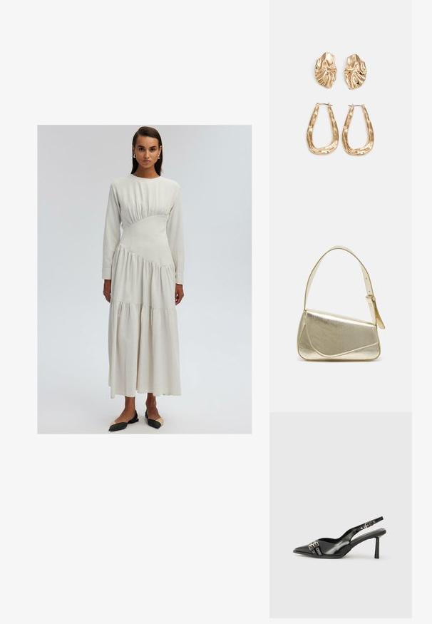 Langärmliges, cremefarbenes Kleid mit einem taillierten Oberteil, Raffung und gestuftem Rock. Weicher Stoff mit glatter Textur.; Schwarzer Lackleder Slingback-Schuh mit spitzem Zehenbereich, Knöchelriemen mit silbernen Schnallen und Beschlägen sowie einem schlanken Absatz.; Goldfarbene metallische Handtasche mit strukturiertem Design, glatter Textur und verstellbarem Tragegurt. Sie verfügt über eine einzigartige dreieckige Form und minimalistische Nähte.; Ohrringe in Goldoptik mit strukturierten, gewellten Formen. Beinhaltet skulpturale Clip-Ohrringe und ein offenes Hoop-Design mit gehämmertem Finish.