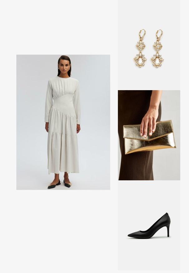 Ilga piedurkne, krēmkrāsas kleita ar pieguļošu augšdaļu, sakrātu detaļu un daudzslāņu svārkiem. Mīksta auduma, ar gludu tekstūru.; Melnas augstpapēžu kurpes no gludas ādas, ar smailu purngalu un šauru stiletto papēdi. Minimālistisks dizains bez redzamām rotājumiem.; Zelta metalizēta sajūga soma ar gludu tekstūru, kuru rotā trīsstūrveida vāks. Rokai, kas to tur, ir kārtīgi apgriezti nagi.; Zelta krāsas karājošās auskari ar klastera dizainu, kas rotāti ar apaļiem un asaru formas caurspīdīgiem kristāliem, izceļot izsmalcinātu ornamentāciju.