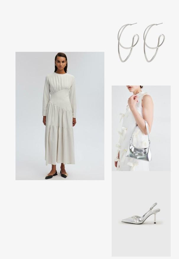 Ilga piedurkne, krēmkrāsas kleita ar pieguļošu augšdaļu, sakrātu detaļu un daudzslāņu svārkiem. Mīksta auduma, ar gludu tekstūru.; Sudraba slingback augstpapēžu kurpe ar norādītu purngalu, metālisku apdari, diviem dekoratīviem siksniņām un plānu papēdi ar melnu galu.; Sudraba metāla rokassoma ar struktūru formu, aprīkota ar augšējo rokturi un priekšpusē esošu loku. Gluda tekstūra, atstarojoša virsma.; Sudraba tonis metāla riņķveida auskari ar savītu dizainu, kas izceļas ar gludu, pulētu tekstūru un plānu stieples konstrukciju.