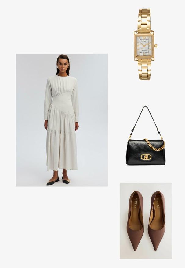 Dolga obleka kremaste barve z oprijetim korpusom, nabranimi detajli in večplastnim krilom. Mehka tkanina z gladko teksturo.; Rjave svilene čevlje s pointed-toe, gladke teksture, z nizkim vampom in diskretnim logotipom na notranji strani. Velikost 6½ (40).; Črna usnjena torbica za ramo z gubano teksturo, zlatim verižnim dodatkom in izrazitim zlatim sponko z ovalnim logotipom. Prilagodljiv trak za ramo.; Zlato obarvana pravokotna ročna ura z belo številčnico, srebrnimi kazalci in trdno kovinsko zapestnico. Vključena je vodoodporna funkcija.