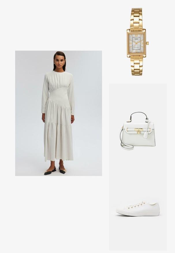 Rochie cu mâneci lungi, de culoare crem, cu un corset ajustat, detalii pliate și fustă în straturi. Material moale cu o textură netedă.; Converse CHUCK TAYLOR ALL STAR - Sneakers low - vintage white/light gold; Geantă albă cu textură de crocodil, accesorii din aur, mânere superioare și curea de umăr detașabilă; are un sistem de închidere cu lacăt și un design minim.; Ceas de mână rectangular cu nuanță aurie, cu un cadran alb, marcaje argintii pentru ore și o brățară din linkuri metalice durabile. Include caracteristica de rezistență la apă.