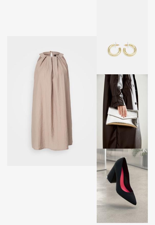Beige šaty na zavazování za krk s nařaseným předním dílem, klíčovou dírkou na zadní straně a zapínáním na knoflík, vyrobené z lehké strukturované látky.; Černá vysoko podpatková bota s špičatou špičkou a strukturovaným svrškem. Vnitřek má jasně růžovou podšívku. Čtvercový podpatek s kovovým akcentem u paty.; Stříbrná metalická kabelka ve tvaru klínového obálkového designu, hladké textury a s kontrastní barvou uvnitř, držena v ruce s černým kabátem.; Zlaté kruhové náušnice s hladkým, lesklým povrchem. Kruhový design s malým kolíčkem a průhledným záznamem pro bezpečné nošení.
