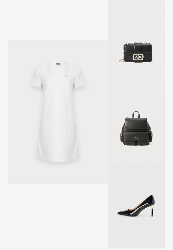 Valkoinen lyhythihainen mekko, valmistettu puuvillasta, jossa on pyöreä pääntie ja pieni kultainen logo rinnassa. Yksinkertainen, suoraviivainen leikkaus.; Musta patentoitu nahkakengät korkokengät, joissa on terävä varvas ja leikkaussuunnittelu; varressa on tyylikäs kultainen yksityiskohta. Yksinkertainen ja tyylikäs.; Musta nahkareppu, jossa on läppä suljenta, etutasku, sivu vetoketjutaskut ja yläkahva. Edessä logo-detailit.; Mustat nahkasalkut, joissa on tikattu malli, hopeaketjusovite ja näkyvä hopeinen "AX"-logo edessä. Kompakti suorakulmainen muoto.