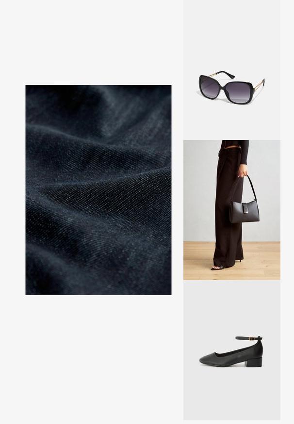 Tissu en denim foncé avec une texture subtile, présentant une surface lisse et un léger éclat, affichant des motifs pliés et drapés.; Escarpin en cuir noir avec un bout pointu et un petit talon bloc. Doté d'une bride de cheville avec une boucle dorée. Texture lisse.; Lunettes de soleil noires surdimensionnées avec des verres dégradés, monture épaisse et détails en chaîne dorée sur les branches.; Sac à main noir à la forme structurée, texture lisse et fermoir métallique. Associé à un pantalon noir ample et des sandales ouvertes sur un sol en bois.