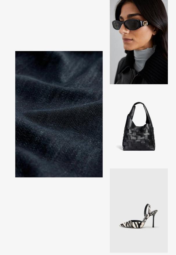 Ciemny denimu materiał o subtelnej teksturze, z gładką powierzchnią i lekkim połyskiem, przedstawiający złożone i drapowane wzory.; Czółenka ze zwężonym przodem w czarno-kremowy wzór zebry, z cienkim wysokim obcasem i otwartym tyłem, z czarnym wnętrzem.; Czarne okulary przeciwsłoneczne o eleganckim, prostokątnym kształcie z logo w kolorze złotym na boku. Ciemne soczewki i błyszczące wykończenie są wyraźnie widoczne.; Czarna skórzana torebka typu tote o luźnym kształcie i szerokim pasku na ramię. Posiada teksturowany, pleciony wzór z gładkim wykończeniem.