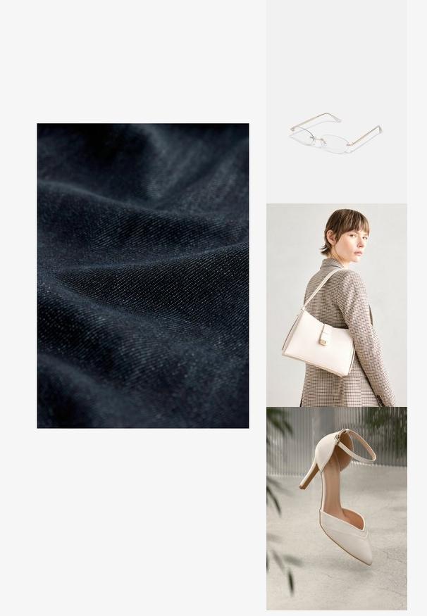 Dunkelblauer Denim-Stoff mit feiner Struktur, der eine glatte Oberfläche und einen leichten Glanz zeigt. Er präsentiert gefaltete und drapierte Muster.; Weiße High Heels aus glattem Material mit spitzem Schuhschild und Knöchelriemen. Mit einem hellbraunen Innenleben und goldfarbener Hardware-Akzentuierung.; Goldfarbene Metallbrille mit ovalen Gläsern, schlanken Bügeln und klaren Nasenpolstern. Verfügt über subtile Scharnierakzente und transparente Gläser.; Weiße Lederhandtasche mit strukturiertem Design, ausgestattet mit einem Magnetverschluss und einem Schulterriemen, präsentiert vor einem neutralen Hintergrund.