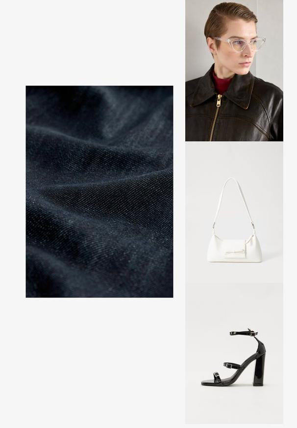 Tessuto di denim scuro con una trama sottile, caratterizzato da una superficie liscia e una leggera lucentezza, che presenta motivi piegati e drappeggiati.; Sandali con tacco in vernice nera, con punta squadrata, cinturini alla caviglia e fibbie in argento. Presentano un tacco a blocco spesso per maggiore stabilità.; Occhiali cat-eye in acetato trasparente con lenti gialle, indossati da una persona con giacca di pelle nera e dolcevita rossa. Texture liscia.; Borsa sintetica bianca a forma triangolare, con patta anteriore piatta e dettaglio a fiocco, tracolla regolabile, texture liscia e design minimalista.