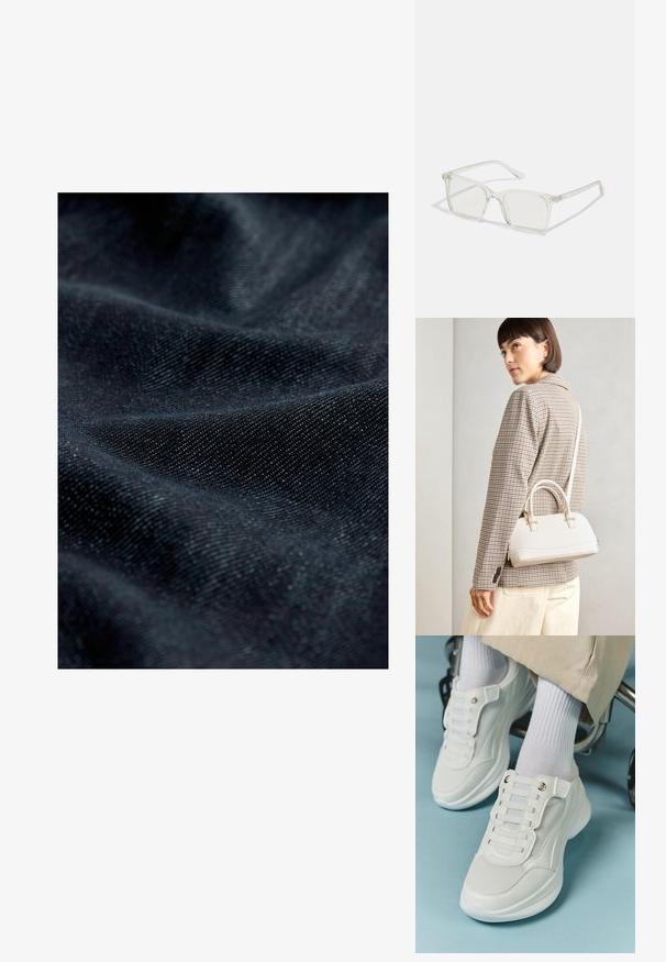 Dunkelblauer Denim-Stoff mit feiner Struktur, der eine glatte Oberfläche und einen leichten Glanz zeigt. Er präsentiert gefaltete und drapierte Muster.; Weiße Sneaker aus Mesh-Material, mit Gummisohle, schnürfreiem Design mit elastischen Bändern und goldfarbenen Akzenten.; Klare, quadratische Kunststoffbrillen mit durchsichtigen Gläsern, die goldene Akzente an den Bügeln für zusätzliche Details aufweisen.; Weiße strukturierte Handtasche mit kurzen Griffen und einem Schultergurt, ausgestattet mit goldfarbenen Hardware-Elementen und strukturiertem Material, vor einem grauen Hintergrund präsentiert.