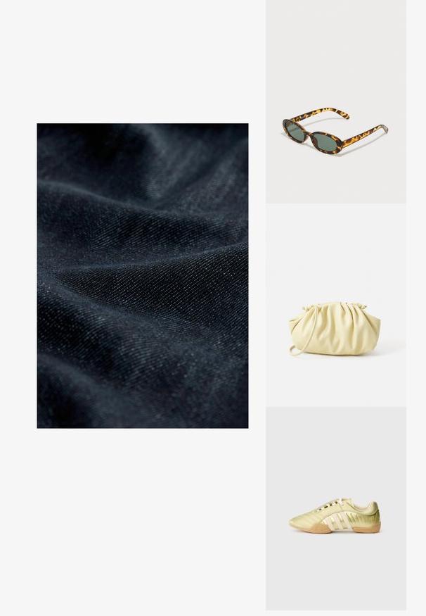 Tume denimi kangas, millel on peen tekstuur, sujuva pinna ja kerge sära, näidates kokku volditud ja langenud mustreid.; Lime rohelised sünteetilisest materjalist spordijalats, millel on sile pind, kolm valget triipu, pehme sisemine vooder ja tekstuuriga kummist välistald.; Kilpkonnaküpsised, millel on ovaalsed raamid, tumerohelised objektiivid ja peened varred. Varrel on peen logo.; Kollane voltitud käekott, mis on valmistatud siledast kunstnahast, omab pehmet kuju ühe õlarihmaga ja volditud ülaosaga disaini.