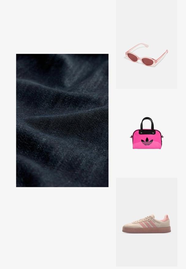 Țesătură de denim închis, cu o textură subtilă, având o suprafață netedă și o ușoară strălucire, prezentând modele pliate și drapate.; Adidași din suede bej cu accente roz deschis, talpă din cauciuc texturat și trei dungi roz pe lateral. Vârf rotunjit și design cu șireturi.; Ochelari de soare roz transparenți cu lentile ovale, nuanță roșie închisă și brațe subțiri, având un finisaj neted și detalii subtile pe cadru.; Geantă de mână din patent roz, cu un logo și mânere negre, având o formă rotunjită și închidere cu fermoar. Textura lucioasă îmbunătățește vizibilitatea.