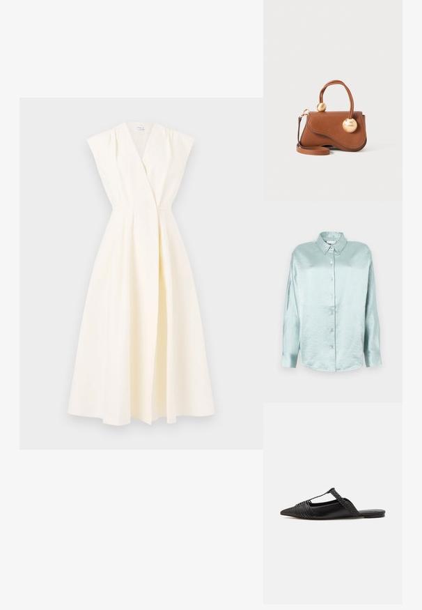 Marella OSSOLA - Vapaa-ajan mekko - panna; Vaaleansininen napitettava paita, joka on valmistettu kiiltävästä, pehmeästä kankaasta; siinä on kaulus, pitkät hihat ja pyöristetty helma, ja se on rento istuvuus.; Musta nahkasandaali, jossa on terävä kärki, somistettuna kudotulla yksityiskohdalla ja pleatatuilla yläosilla. Litteä pohja, jossa on vähäisiä tarvikkeita.; Ruskean nahkalaukku, jossa on aaltoileva muotoilu, kahdella pyöreällä kullansävyisellä yksityiskohdalla ja irrotettavalla olkahihnalla monipuolista kantamista varten.