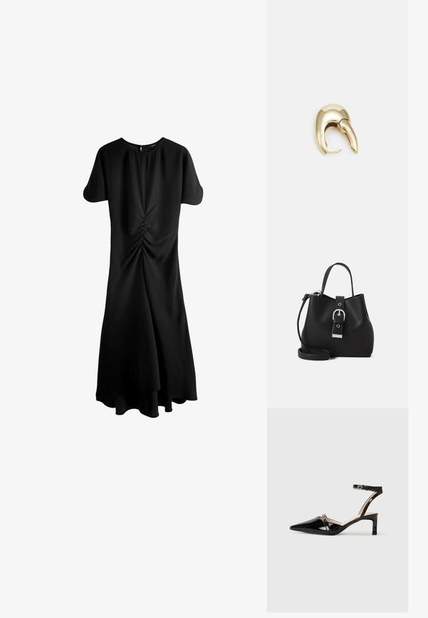 Schwarzes Kleid mit kurzen Ärmeln, rundem Ausschnitt und Schlüsselverschluss im Rücken. Verfügt über geraffte Details an der Taille und einen ausgestellten Saum.; Schwarze Lackleder Slingback-Pumps mit spitzem Zehenbereich, Knöchelriemen und kleinem Absatz, mit dezenten Riemendetails.; Schwarze Eimerhandtasche aus glattem Leder, mit strukturiertem Design, kurzem Griff und abnehmbaren Schulterriemen. Silberne Schnallenverzierung.; Ohrringe aus goldfarbenem Metall mit einem schlanken, geschwungenen Design. Sie verfügen über eine markante, spitze Form, eine polierte Oberfläche und einen Scharnierverschluss.