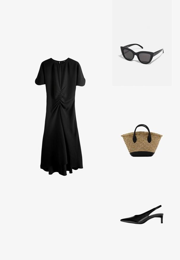 Schwarzes Kleid mit kurzen Ärmeln, rundem Ausschnitt und Schlüsselverschluss im Rücken. Verfügt über geraffte Details an der Taille und einen ausgestellten Saum.; Schwarze Leder-Slingback-Schuh mit spitzer Zehe, niedrigem Absatz und Ausschnitt-Design an den Seiten. Glatte Textur mit schlanker Optik.; Schwarze Cat-Eye-Sonnenbrille mit matter Oberfläche, grauen getönten Gläsern, scharfen Kanten und schlanken Bügeln. Der Markenname ist auf dem inneren Bügel sichtbar.; Geflochtener Strohkorb mit einer ausgestellten Form, ausgestattet mit einem schwarzen Lederboden und -griffen. Strukturierte natürliche Fasern mit glatten schwarzen Akzenten.