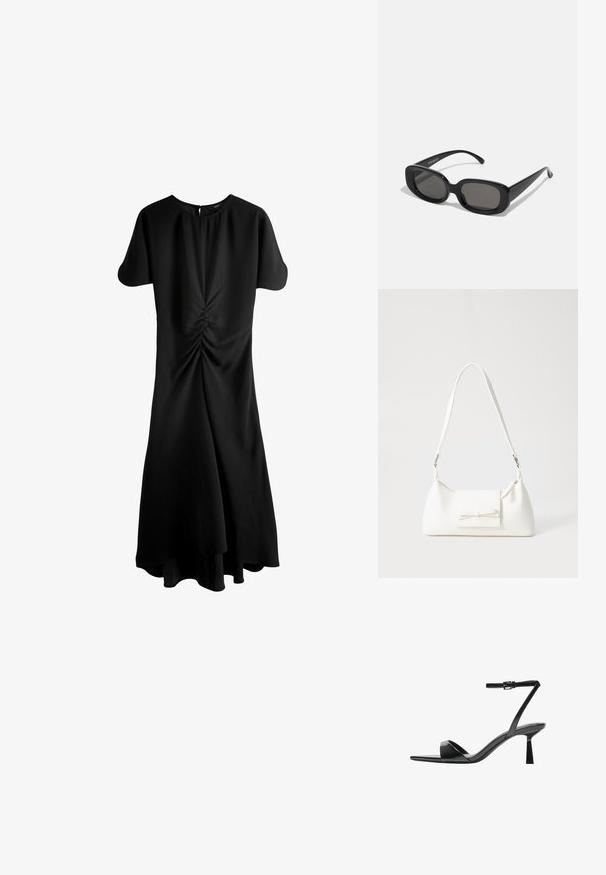 Rochie neagră cu mâneci scurte, decolteu rotund și închidere la spate printr-un decolteu în formă de cheiță. Prezintă detalii plisate la talie și o linie de jos evazată.; Bershka Sandale cu toc - black; Ochelari de soare dreptunghiulari negri cu lentile întunecate. Ramă groasă din plastic, textură netedă și colțuri rotunjite. Temele elegante se extind în exterior.; Geantă sintetică albă, cu formă triangulară, capac frontal plat și detaliu cu fundă, curea ajustabilă, textură netedă și design minimalist.