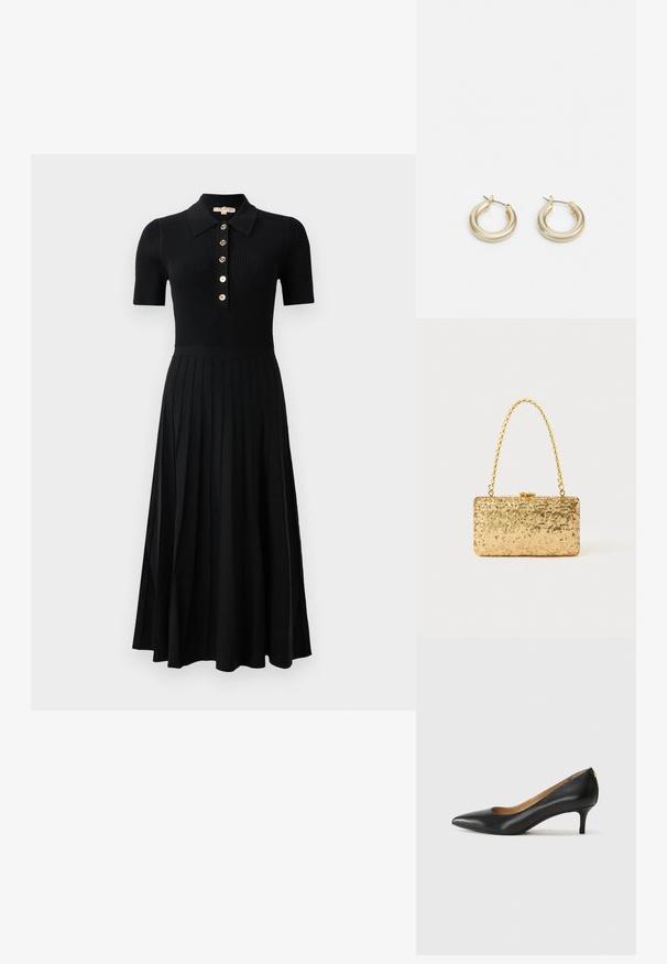 Vestido preto com ribas, mangas curtas, gola com botões e botões dourados. A saia apresenta pregas verticais que se estendem até a bainha.; Sapato de salto alto em pele preta com bico fino, salto baixo e textura suave. Apresenta uma ligeira abertura na parte da frente e mínima ferragem na parte de trás.; Clutch dourada em lantejoulas com formato retangular, apresentando uma alça de corrente torcida e um fecho de metal, refletindo a luz com um acabamento texturizado.; Lauren Ralph Lauren BASIC SMALL HOOP - Brincos - gold-coloured