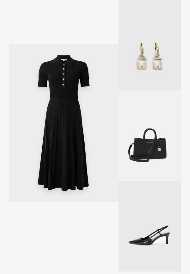 Black ribbed dress with short sleeves, a button-down collar, and gold buttons. The skirt features vertical pleats extending to the hem.; Black patent slingback heel with a pointed toe, featuring textured snake print, adjustable strap, and a short, textured block heel.; Black leather handbag with a textured finish. Features dual top handles, a detachable shoulder strap, and gold-tone hardware accents.; Gold-tone earrings featuring a rectangular, clear crystal dangling below a row of small, round clear accents. Sleek, modern design.