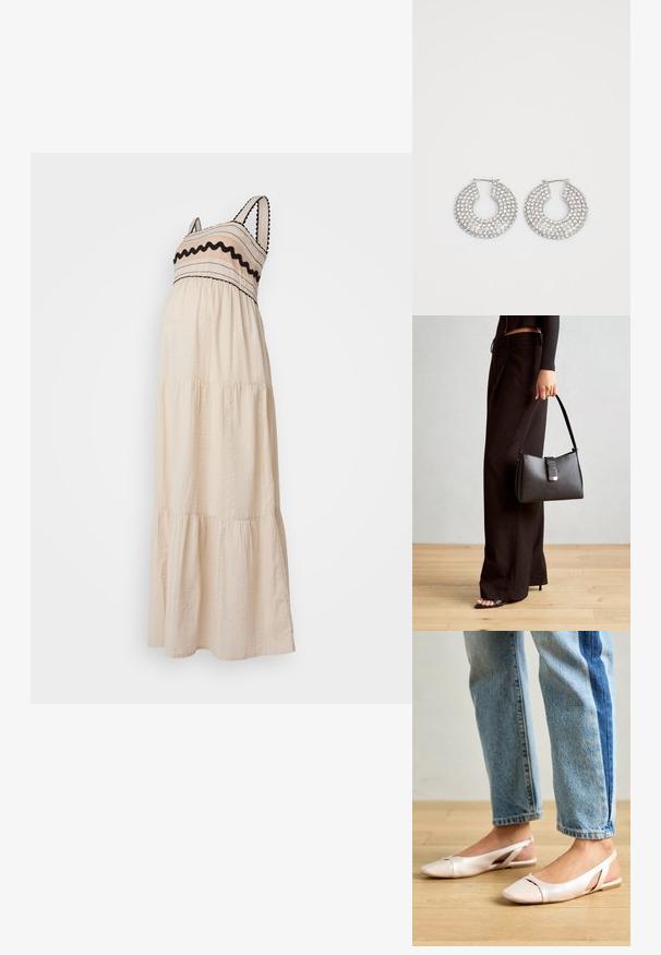 Maxikjole i kremfarget stoff, med lagdelt design, svart kanting og teksturerte detaljer på liv og skjørt. Spaghettistropper.; Lys rosa slingback leiligheter med spiss tå, laget av et glatt, læraktig materiale. Har utskjæringer på sidene og lav hæl.; Svart håndveske med strukturert form, jevn tekstur og metallisk lås. Kombinert med brede svarte bukser og sandaler med åpen tå på tregulv.; Sølv hoop øredobber prydet med flere klare krystallpynt, med en teksturert overflate og et åpent sirkulært design.