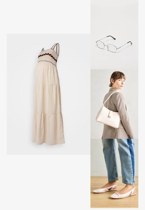 Sukienka maxi w kremowym kolorze, z warstwowymi wzorami, czarnymi wykończeniami oraz teksturowanymi detalami na bustierze i spódnicy. Ramiączka spaghetti.; Jasnoróżowe baleriny na odkrytej pięcie z wąskim noskiem, wykonane z gładkiego materiału imitującego skórę. Posiadają wycięcia po bokach oraz płaski obcas.; Metalowe okulary z owalną oprawą, srebrnymi obrzeżami i przezroczystymi soczewkami. Cienkie, proste zauszniki z czarnymi końcówkami, minimalistyczny design.; Biała skórzana torebka o strukturalnym wzorze, z magnetycznym zapięciem i paskiem na ramię, zaprezentowana na neutralnym tle.