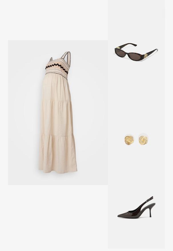 Maxikjole i kremfarget stoff, med lagdelt design, svart kanting og teksturerte detaljer på liv og skjørt. Spaghettistropper.; Slingback høyhælte sko i blankt mørkebrunt patentlær, spiss tå, åpne sider og justerbar ankelrem.; Skilpadde-solbriller med avlange ovale linser, brun tint, gull-logo aksenter på stengene og elegante svarte armer.; Gullige svungne øreringer med klar bakgrunn, som har teksturerte gullakenter og små klare edelstener innebygd i designet.
