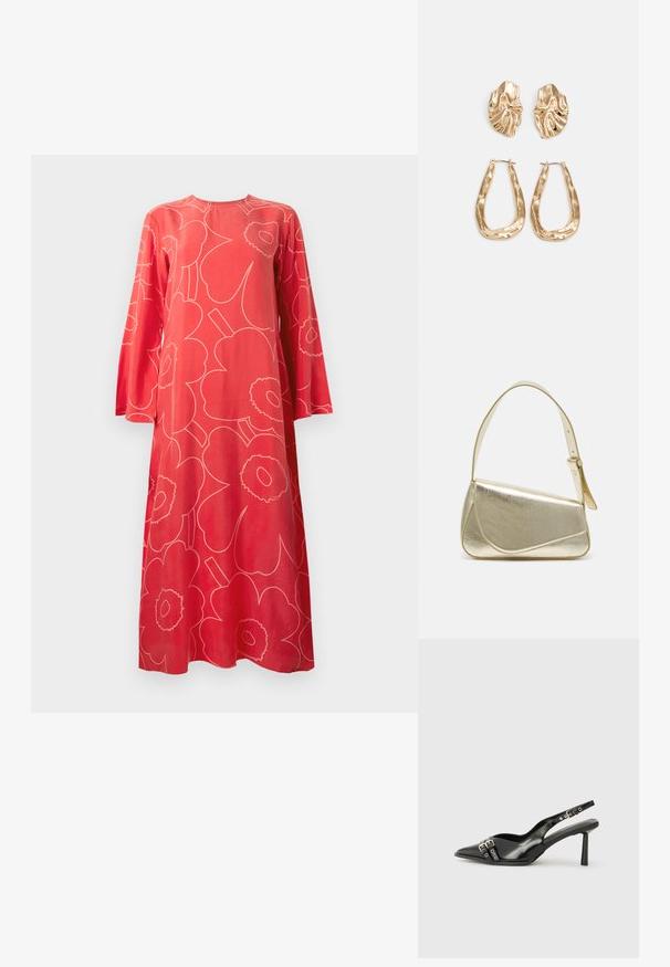 Red long-sleeve maxi dress with large light pink abstract floral pattern and round neckline against white background.; Black patent leather slingback shoe with pointed toe, ankle straps featuring silver buckles and hardware, and a slender heel.; Gold metallic handbag with a structured design, smooth texture, and adjustable strap. Features a unique triangular shape and minimalist stitching.; Gold-tone earrings featuring textured, wavy shapes. Includes sculptural clip-on studs and open hoop design with a hammered finish.