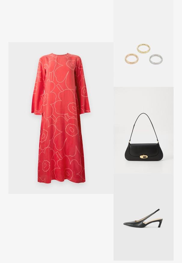 Robe longue à manches longues rouge avec un grand motif floral abstrait rose clair et un col rond sur fond blanc.; Slingback noir à bout pointu avec un petit talon, en cuir lisse et doté d'un design découpé sur le côté pour plus de respirabilité.; Sac à main en cuir noir avec un design incurvé, matériel doré et une poignée sur le dessus. Présente une fermeture élégante et une texture lisse.; Trois anneaux en métal : un en or rose, un en or avec des accents texturés, et un en argent, tous avec une gravure de marque à l'intérieur de la bande.