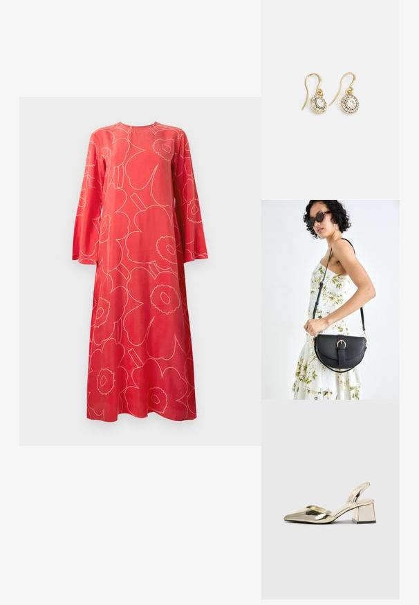 Červené maxi šaty s dlhým rukávom, veľkým svetloružovým abstraktným kvetinovým vzorom a okrúhlym výstrihom na bielom pozadí.; Zlaté kovové lodičky na podpätku so špicatou špičkou a robustným podpätkom. Hladký povrch, minimalistický dizajn a úzka remienok.; Čierna kožená kabelka s zaobleným tvarom, odnímateľným popruhom a zlatými doplnkami. Kabelka má klopu s detailom s prackou.; Náušnice zlatého odtieňa s oválnymi čírymi kryštáli obklopenými menšími čírými kameňmi, s háčikovým dizajnom pre bezpečné nosenie.