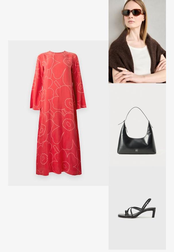 Crvena maksi haljina s dugim rukavima, velikim svijetloružičastim apstraktnim cvjetnim uzorkom i okruglim izrezom, na bijeloj pozadini.; Crne sandale s trakama, kvadratnim prstom i niskom blok petom. Ima više tankih trakica i podesivu trakicu oko gležnja. Izrađene su od glatke kože.; Smeškaraste sunčane naočale s kutnim okvirom, tamnim staklima i metalnim detaljima. Nošene s kremastim gornjim dijelom i tamnim šalom.; Crna glatka kožna torba za ramena s zakrivljenim vrhom, jednim remenom, zatvaranjem na patentni zatvarač i malim srebrnim logom na središtu prednje strane.
