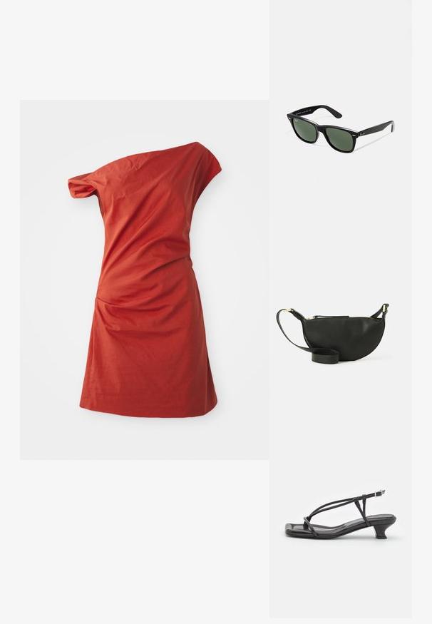 Asümmeetriline ühekohaline kleit telliskivi punastest puuvillast, millel on voltitud külje detail ja tekstureeritud viimistlus.; Must must sandaalid, millel on õhukesed rihmad, madal plokknina ja ruudukujuline varvas. Omab kinnitust nahkel ja sile pind.; Mustad mustan plastiku prillid roheliste läätsedega, ruudukujulised raamid, hõbedane aksent kulmude peal ja tekstuuriga tempelkäed. Brändi nimi on märgitud sisevarrele.; Mustmust kott poolkuu kuju, tekstuurse pinnaga, kuldne tõmblukk ja lame rihm. Kompaktne disain, mis sobib igapäevaste essementide jaoks.
