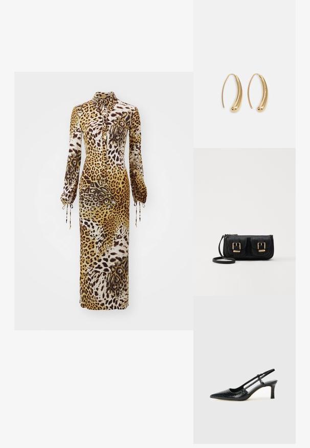 Leopárdmintás ruha galléros nyakkivágással, hosszú ujjakkal, húzózsinórral záródó mandzsettákkal és árnyalatokban lebegő sziluettel barna és krémszínben.; Fekete lakk slingback sarok, hegyes orral, texturált kígyómintával, állítható pánttal és rövid, texturált tömbsarkal.; Fekete bőr keresztbody táska két elülső zsebbel, arany csattokkal, cipzáras záródással és vékony pánttal. Textúrált felület és kompakt téglalap alak.; Aranyszínű fémből készült karika fülbevalók ívelt, hosszúkás formával. Simaságával és fényes felületével, valamint lekerekített végével további részletekkel bővül.