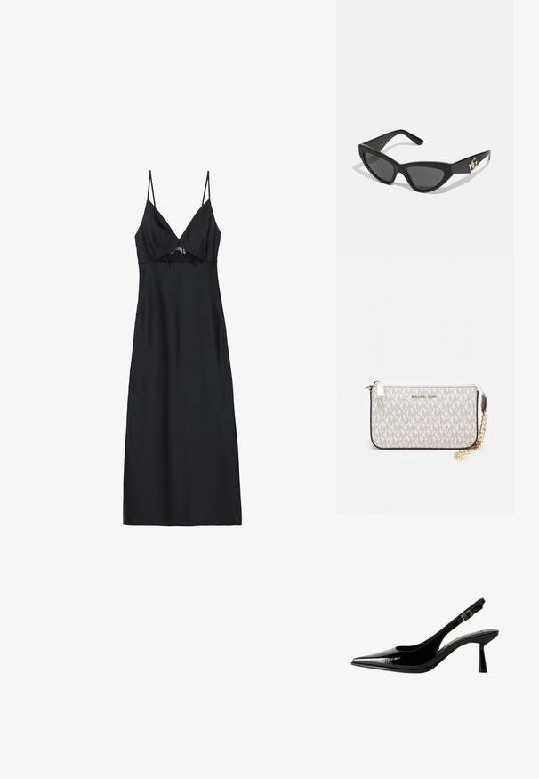 Fekete selyemruha vékony spagetti pántokkal, V-nyakkivágással, és csipke díszítéssel a dekoltázs részén. Sima textúra, térd alá érő, testhez álló fazon.; Fekete lakk bőr slingback pumpa hegyes orral, kivágott oldalakkal, állítható boka pánttal és vékony, elegáns sarkával.; Macska szemformájú napszemüveg matt fekete műanyag kerettel, sötét lencsékkel és arany logóval a szárán. Szögletes kialakítás és sima felület.; Michael Kors bézs bevonatos vászon karkötő, amely ismétlődő MK logó mintával, aranyszínű fémrészletekkel és levehető lánchordóval rendelkezik.