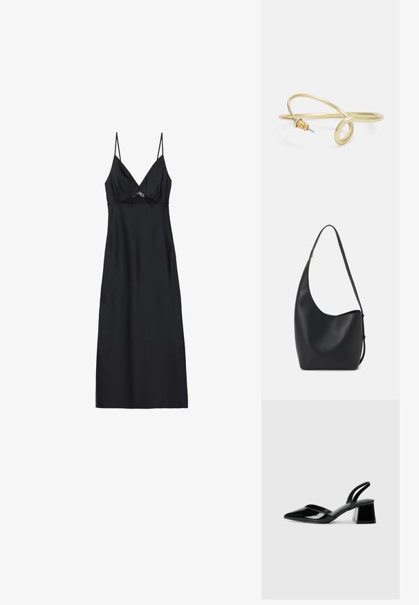 Crna satenska haljina s tankim trakicama, V-izrezom i čipkastim detaljem na prsima. Glatka tekstura, do koljena, uski kroj.; Crne lakirane kožne sandale s otvorenom petom i špicastim vrhom, s geometrijskom blok petom. Imaju elegantan, minimalistički dizajn i glatku teksturu.; Crna kožna hobo torba s glatkom teksturom, zakrivljenim oblikom i jednom podesivom trakicom; ima širok otvor na vrhu.; Zlatna metalna narukvica s fluidnim, zavojitim dizajnom. Sadrži mali, istaknuti srebrni akcent na jednom kraju.
