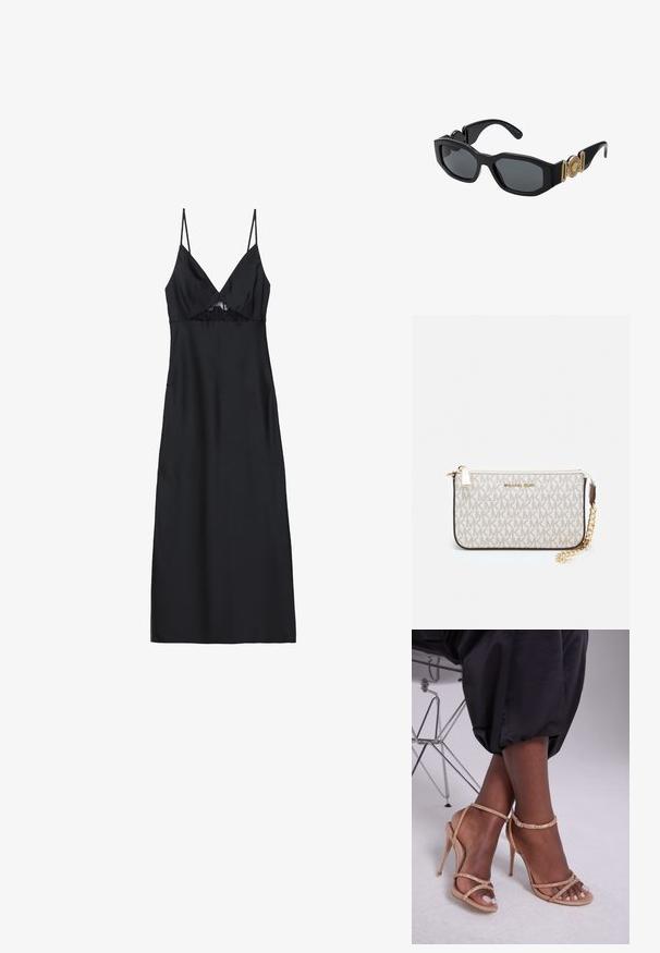 Svart satengkjole med tynne spaghetti-stropper, V-halsing og blonderdetaljer ved bysten. Glatt tekstur, knelengde, tettsittende silhuett.; Beige hæl sandaler med krystalmotiver, med åben tå, tynde remme og en slank silhuet.; Sorte solbriller med en kraftig geometrisk ramme, mørke linser og gylne metallakenter på stengene, med et rundt emblem detaljer.; Michael Kors håndleddsveske i beige belagt kanvas med et gjentakende MK-logo mønster, gullfarget maskinvare og en avtakbar kjede-rem.