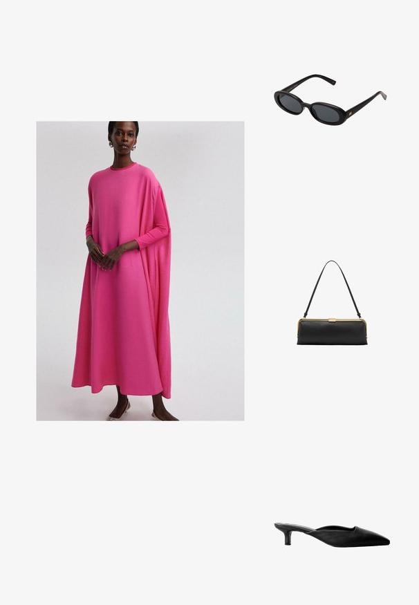 Dlhé rukávy, voľný strih šaty z jasne ružovej látky. Obsahuje zaoblený výstrih a splývavý silueta, s hladkou textúrou a jemným drapovaním.; Čierne kožené muly na podpätku s špicatou špičkou, otvorenou zadnou časťou a nízkym blokovým podpätkom. Hladká textura s minimalistickým dizajnom.; Čierne oversized slnečné okuliare s oválnymi šošovkami, hladkým plastovým rámom a zlatými akcentmi na straniciach. Tmavé šošovky poskytujú ochranu pred slnkom.; Čierna kožená kabelka s hladkou textúrou, zlatým kovovým doplnkom a štíhlym dizajnom. Obsahuje tenký popruh a zapínanie na hornej strane.